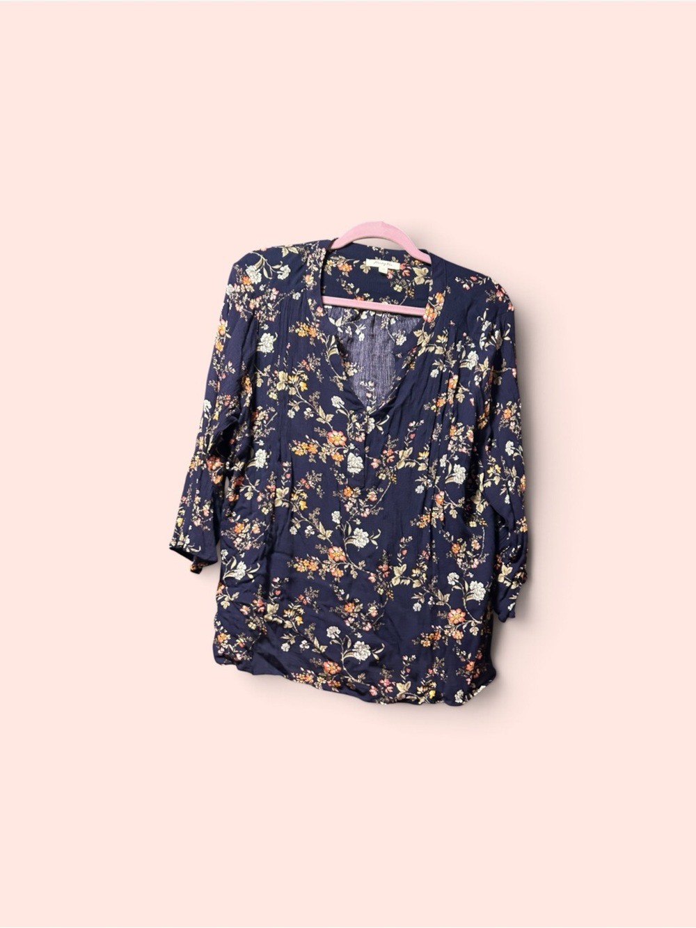 Floral Navy V-Neck Women's Blouse with 3/4 Sleeves